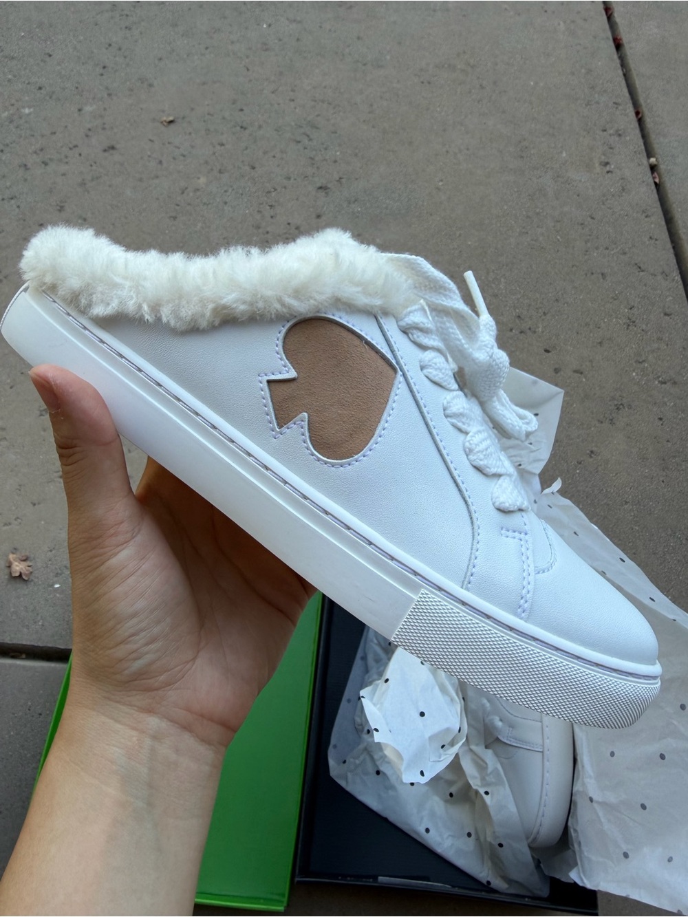 kate spade White Faux-Fur Trim Sneaker Mule with Tan Heart Accent